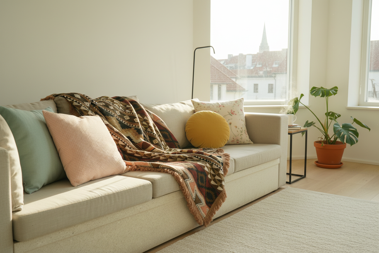 Brauner Teppich mit dekorativem Muster, als stilvoller Überwurf locker über eine Couch gelegt, sorgt für ein gemütliches und modernes Wohnambiente.